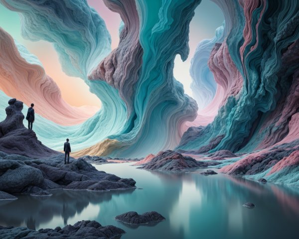 Surreal Landscape with Colorful Formations and Figures