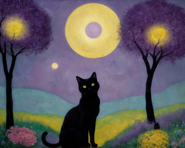 Whimsical Landscape with Cat in Colorful Meadow