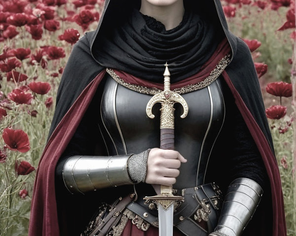 Regal Figure in Medieval Armor Surrounded by Poppies