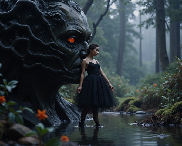 Misty Forest Scene with Woman and Ominous Creature