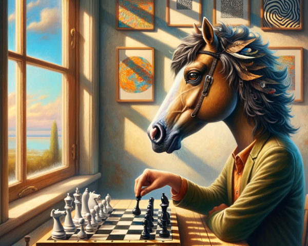 Surreal Scene of Chess Game with Horse-Headed Figure