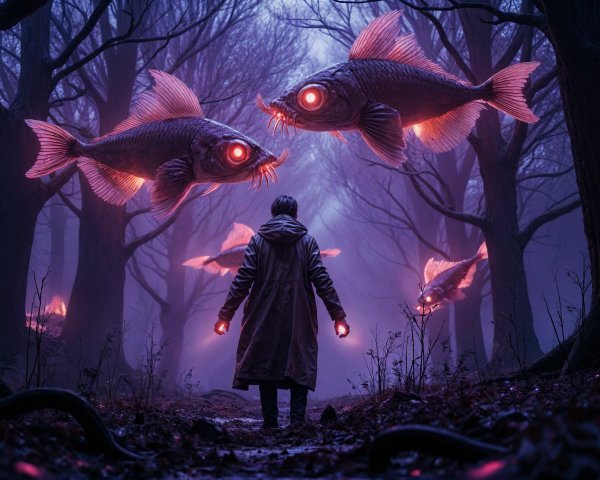 Mysterious Figure in Dark Forest with Glowing Fish
