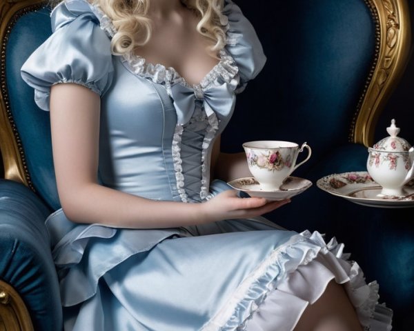 Young Woman in Vintage Dress with Whimsical Bunnies
