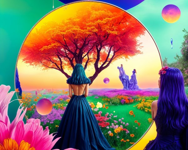 Surreal Landscape with Women and Colorful Tree Scene
