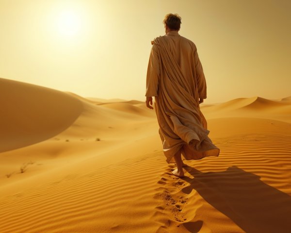 Figure in Light Robes Walking in Desert Landscape
