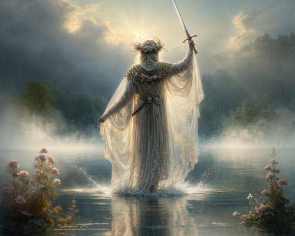 Serene Figure in Ethereal Garments by Tranquil Lake