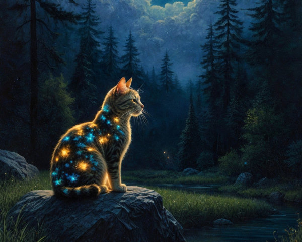 Ethereal Cat by Tranquil River Under Starry Sky