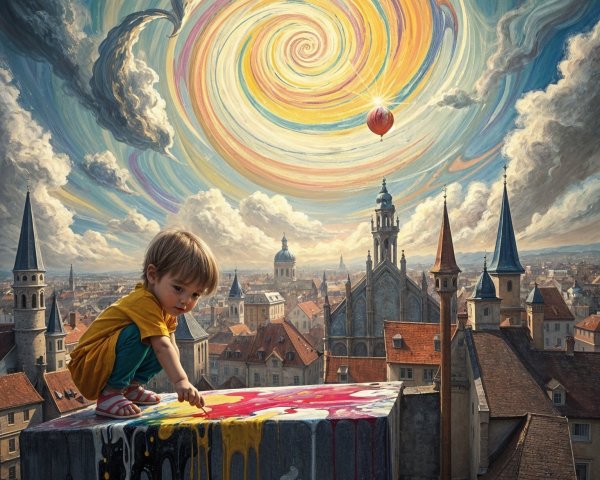 Child Painting Colorful Swirls on Rooftop Over City