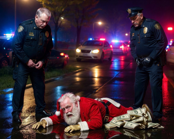 Police Officers Attend to Santa Claus on Wet Road