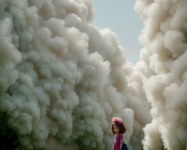 Young girl in pink dress amidst green field and smoke