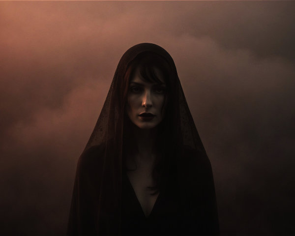 Mysterious Figure in Dark Veil Amidst Foggy Atmosphere
