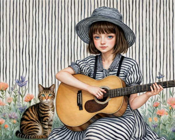 Young girl with guitar among colorful flowers and cat