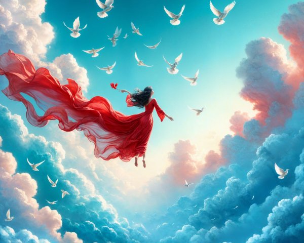 Woman in Red Dress Ascending Through Vibrant Sky