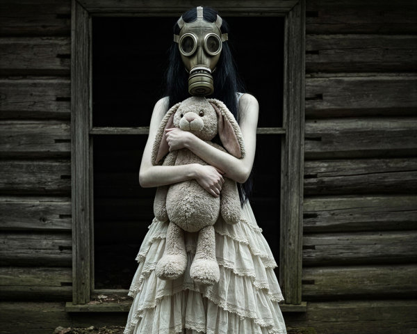 Eerie Figure in Frayed Gown by Weathered Cabin