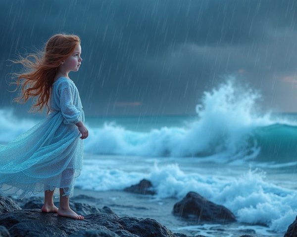 Young girl in blue dress on rocky shore with waves