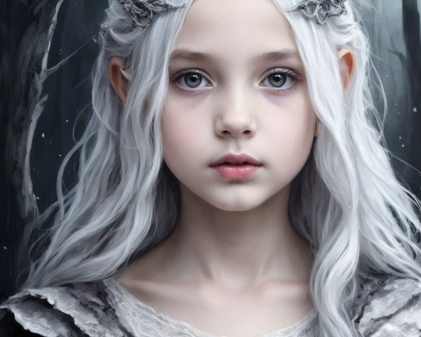 Young girl with white hair in a dark forest setting