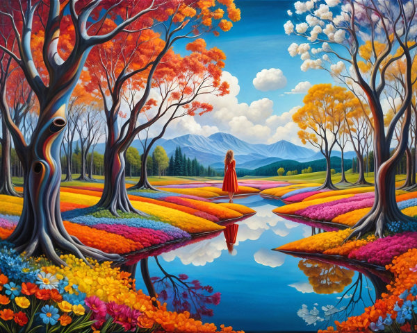 Autumn Landscape with Colorful Trees and River Scene