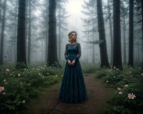 Young Woman in Teal Dress in Misty Forest Path