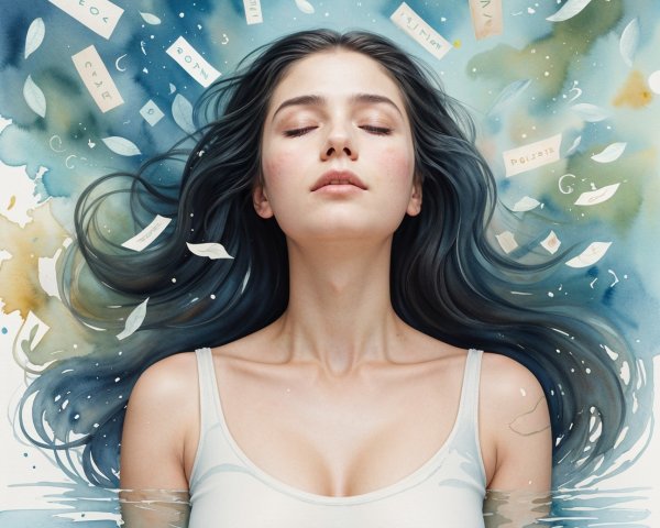 Serene Woman Floating in Water with Abstract Background
