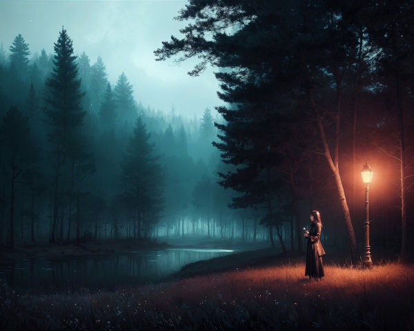 Misty Twilight Forest with Glowing Lamppost and Pond
