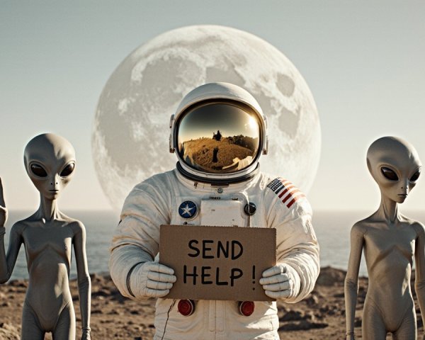 Astronaut with Aliens on Barren Landscape Under Moon