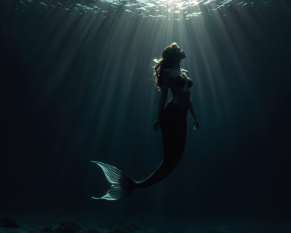 Underwater Scene with a Mermaid and Sunlight Rays