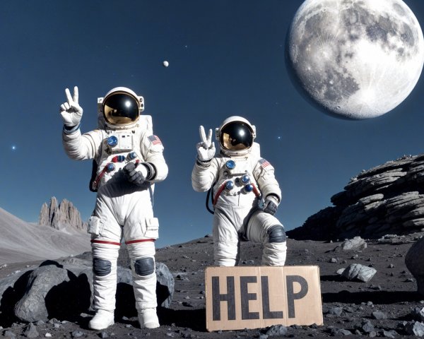 Astronauts on lunar surface holding "HELP" sign