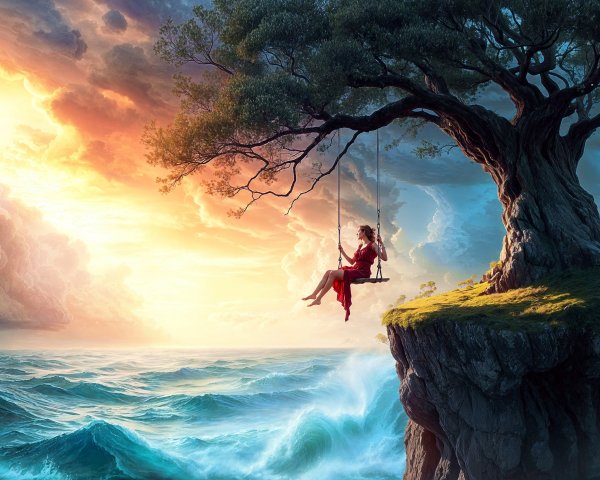 Serene Figure in Red Dress Overlooking Turbulent Sea