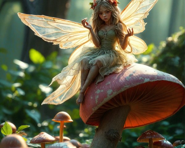 Fairy on Red Mushroom in Enchanted Forest Setting