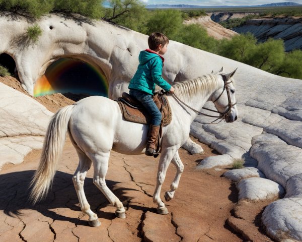 Boy in turquoise jacket riding white horse under rainbow
