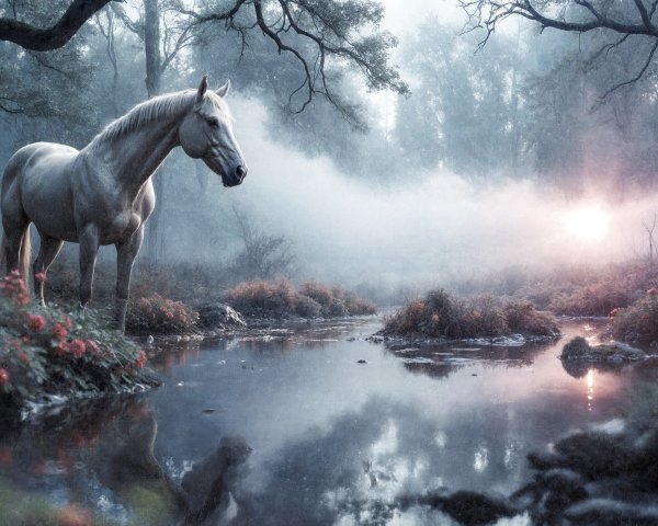 Majestic white horse by tranquil stream in misty forest