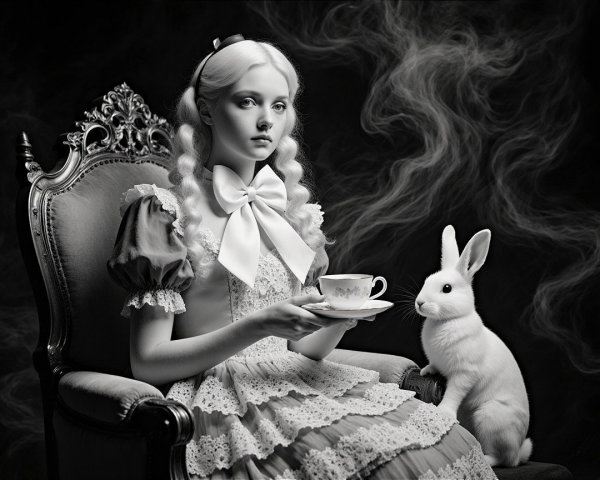 Whimsical Black-and-White Scene with Girl and Rabbit