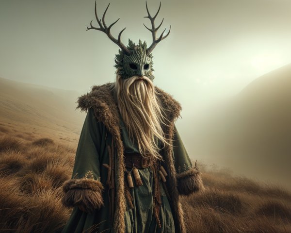 Mystical Figure in Golden Landscape with Antlered Mask