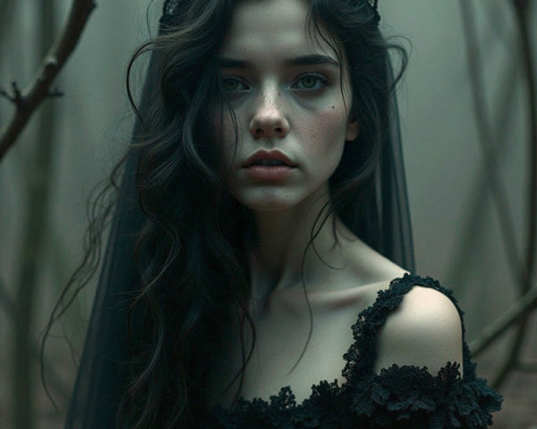 Young woman in misty forest wearing black lace dress