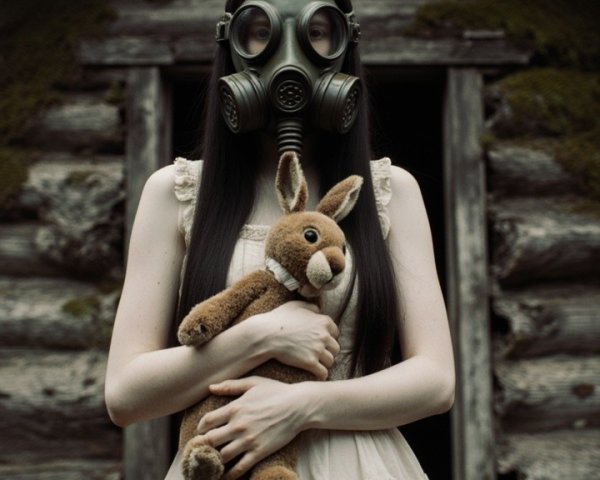 Gas Mask Figure with Plush Bunny by Old Log Cabin