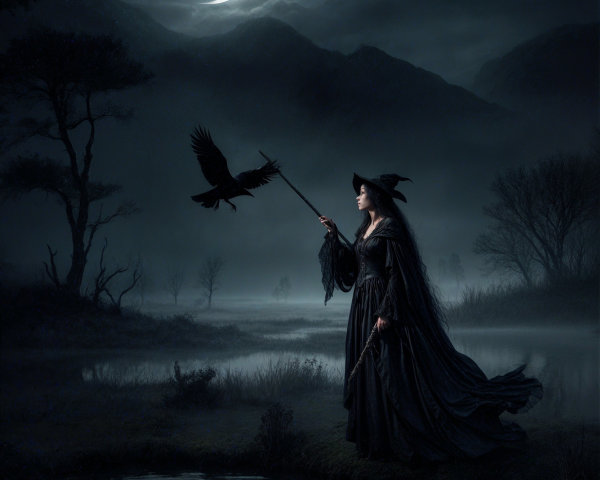 Mystical Landscape with Witch and Crescent Moon