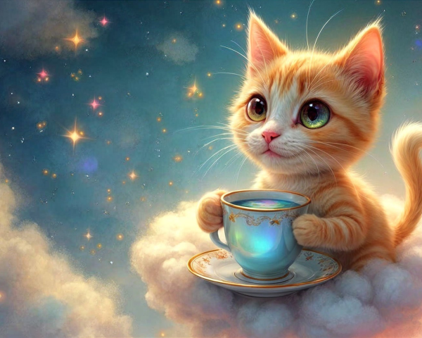 Cute Orange Kitten on Fluffy Cloud in Dreamy Sky