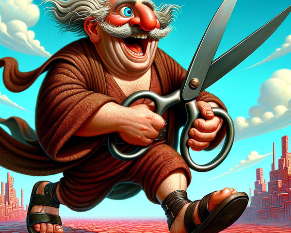 Cartoon Character with Scissors in Whimsical Setting