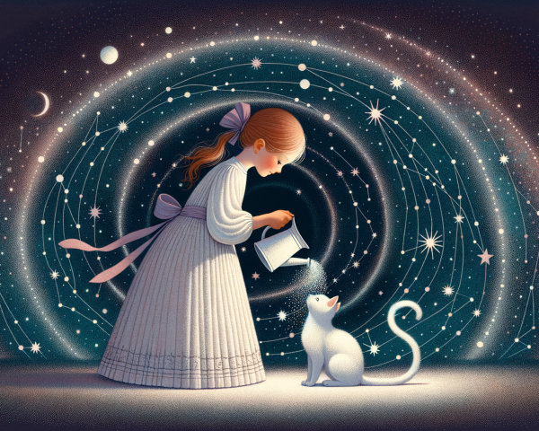 Young girl pouring stardust on a white cat in space