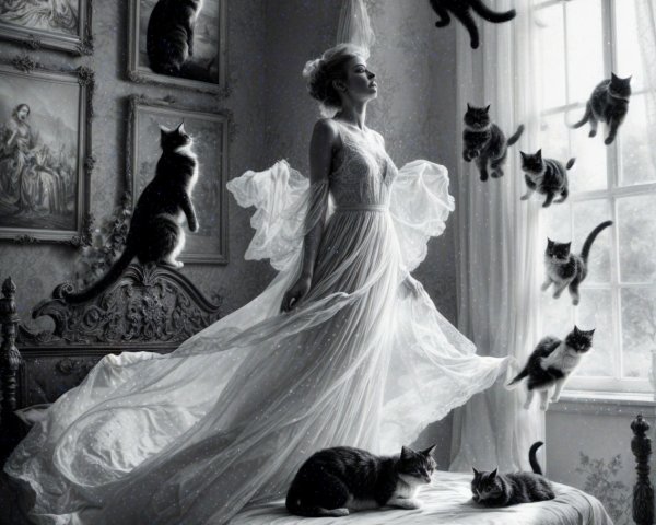 Whimsical Scene of a Woman and Floating Cats