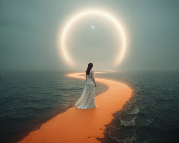 Lone Figure on Orange Path by Misty Sea with Halo