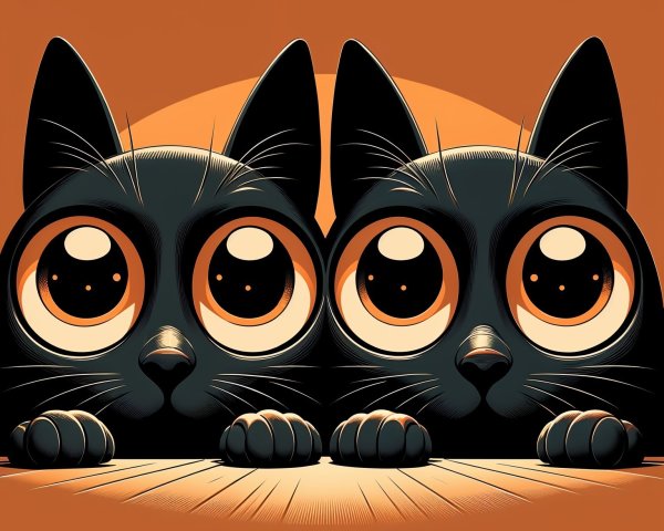 Black Cats with Expressive Eyes on Wooden Surface