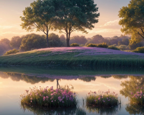 Tranquil Lake Landscape with Pastel Sunrise and Flowers