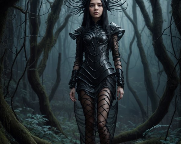 Mystical Forest Figure in Elaborate Black Outfit