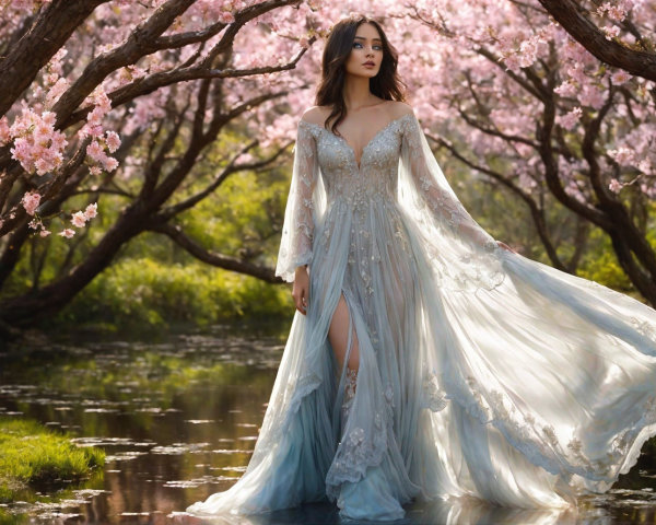 Ethereal Figure in Cherry Blossom Landscape