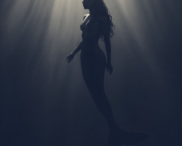 Underwater Scene Featuring a Silhouette of a Mermaid