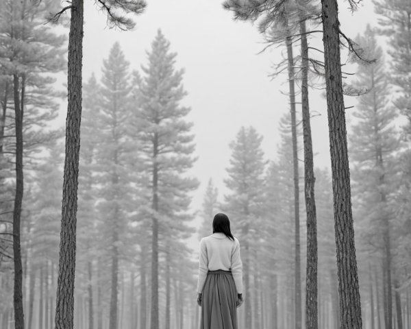 Young Woman in Snowy Pine Forest Setting