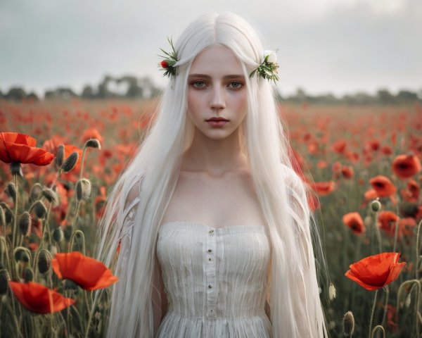 Young woman in a poppy field with white hair and dress