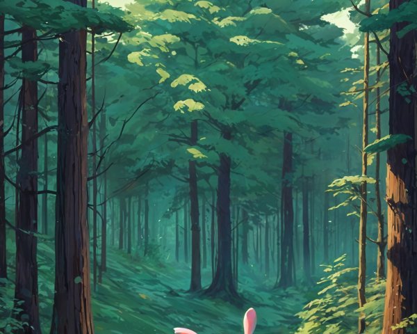 Whimsical Pink Creature in Vibrant Forest Scene