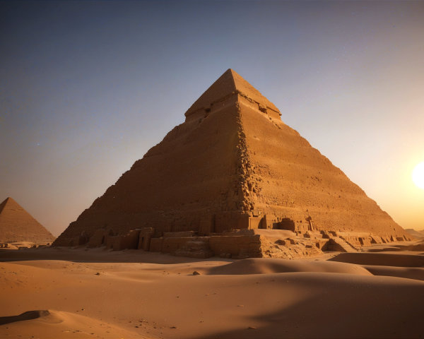 Great Pyramid of Giza at Sunset in Desert Landscape